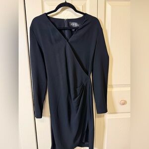 LINDA ALLARD Ellen Tracy Black Faux Wrap Long Sleeve Dress Flattering V Neck